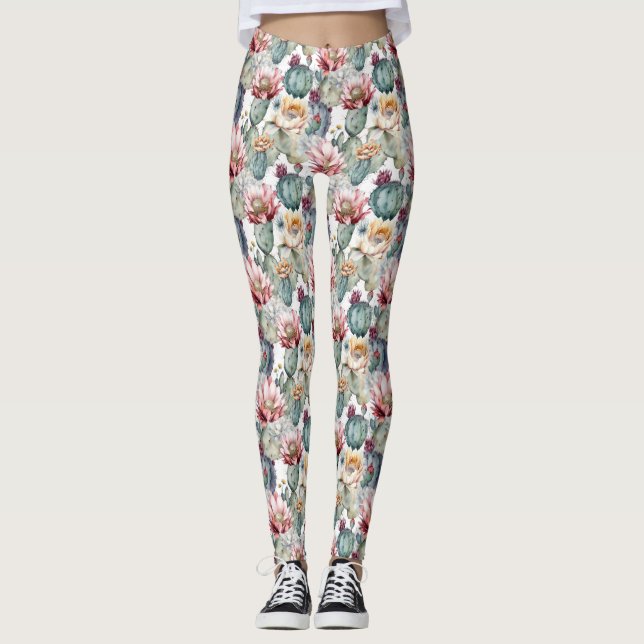 Leggings Aquarelle Cactus en fleurs Succulents (Devant)