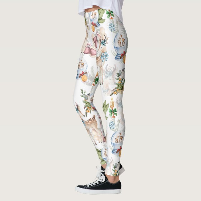 Leggings Aquarelle Cerf de Noël et Oiseau d'hiver (Gauche)