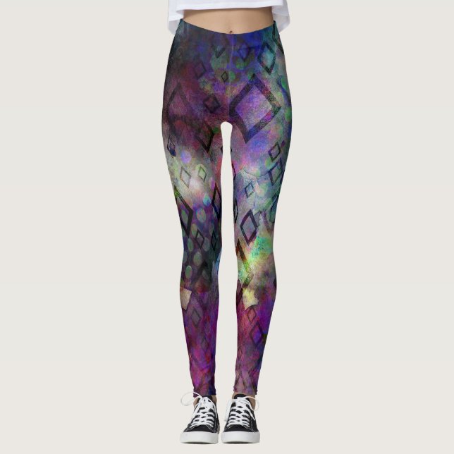 Leggings Aquarelle colorée abstraite avec diamants (Devant)