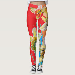Leggings Aquarelle Daffodil Fleur Légendes florales rouges