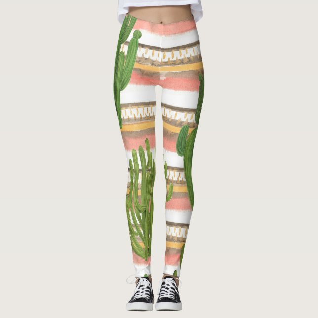 Leggings Aquarelle de cactus, arrière - plan rayé, couche t (Devant)