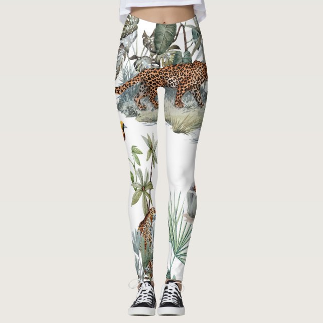 Leggings Aquarelle de la jungle léopard Scène tropicale (Devant)