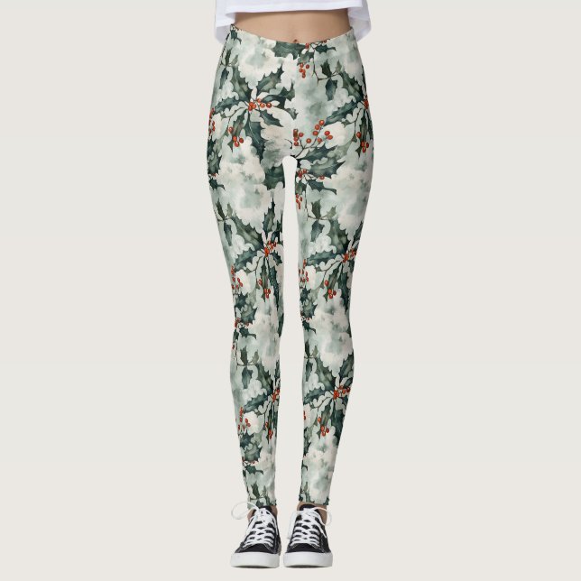 Leggings Aquarelle de Noël Fleurs Holly et baies (Devant)