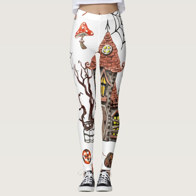 Leggings Aquarelle d'Halloween : Haunted House Motif. (Devant)