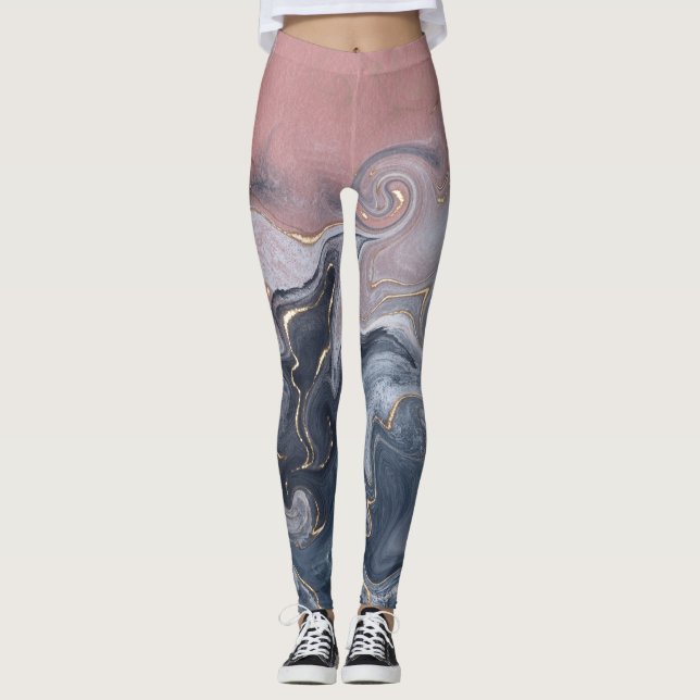 Leggings Aquarelle en marbre rose gris-noir (Devant)
