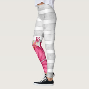 Leggings Aquarelle Fleur rose dans une bande noire et blanc