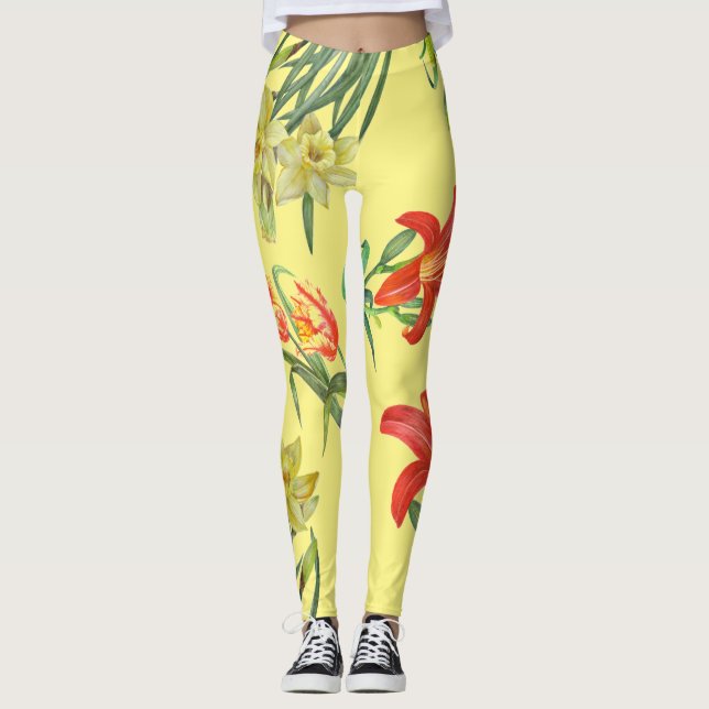 Leggings Aquarelle Fleurs de printemps Jaunes Motif Floral (Devant)