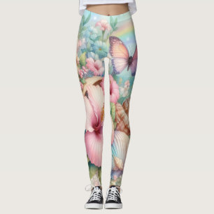 Leggings Aquarelle Fleurs et coquillages sur la plage