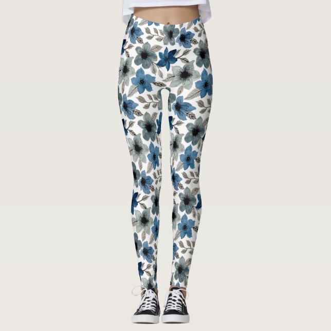 Leggings Aquarelle florale bleu - Jambes (Devant)