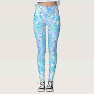 Leggings Aquarelle florale bleu turquoise dessinée à la mai
