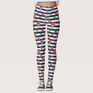 Leggings Aquarelle florale de corail blanc rayé bleu marine