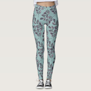 Leggings Aquarelle gris, brindilles noires sur un turquoise