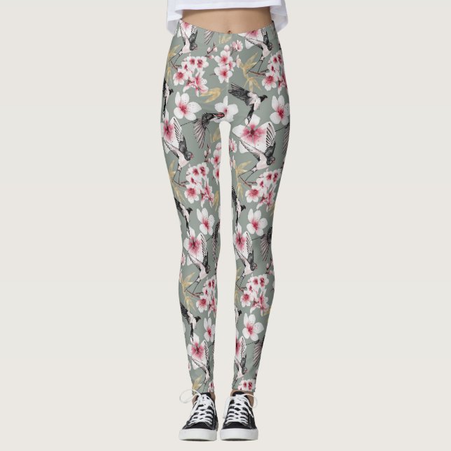 Leggings Aquarelle japonaise Art Sakura Blossom Swallow (Devant)