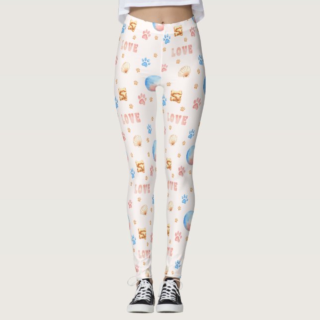 Leggings Aquarelle "LOVE" Design avec Empreintes de pattes  (Devant)