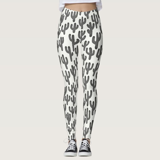Leggings Aquarelle Motif Cactus - Noir (Devant)