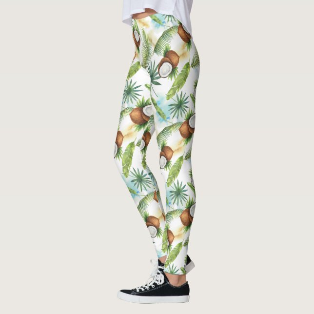 Leggings Aquarelle Motif de noix de coco tropicale (Gauche)