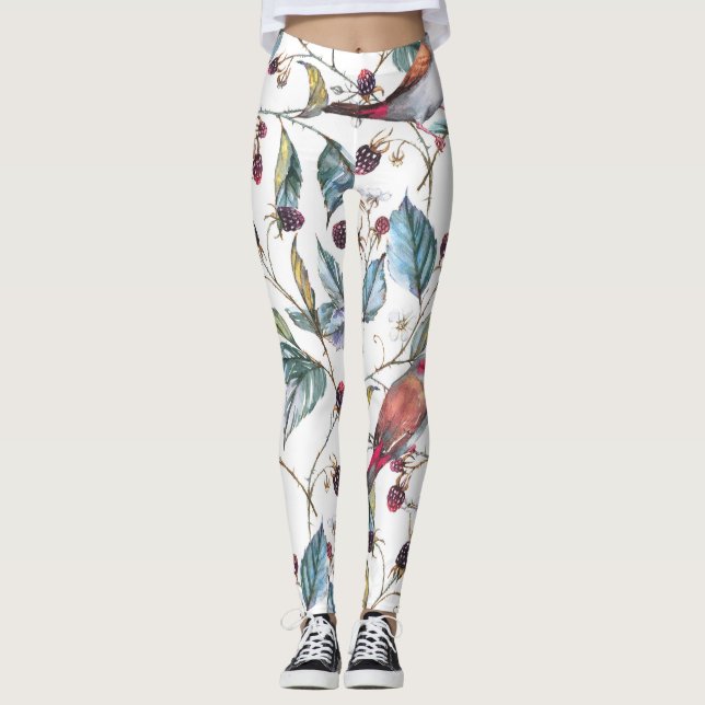 Leggings Aquarelle naturelle motif : mûres, oiseaux, f (Devant)