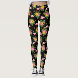 Leggings Aquarelle noire rose tropicale Motif Flamingo
