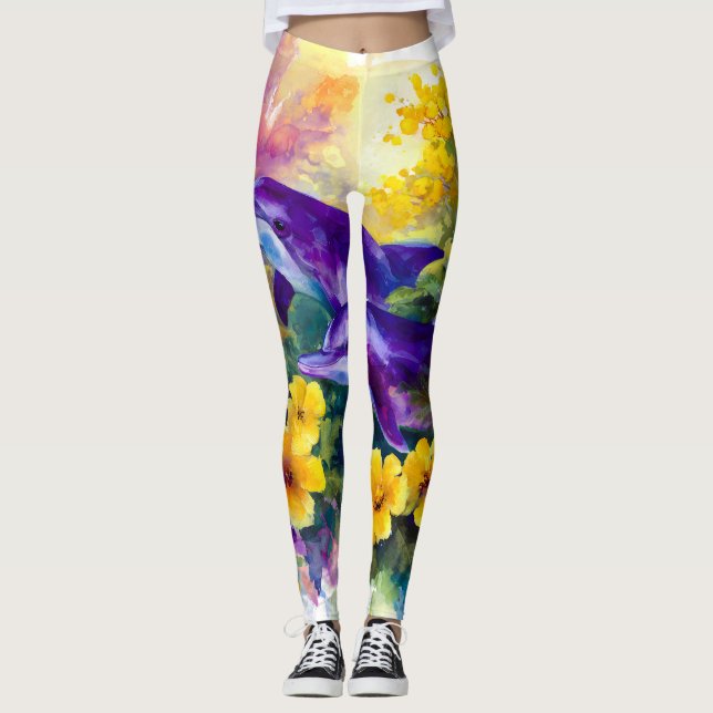 Leggings Aquarelle Océan Dauphins Fleurs Tropicales (Devant)