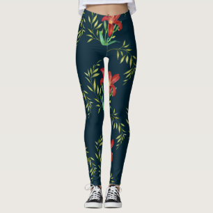 Leggings Aquarelle Orange Lily Illustration Turquoise foncé