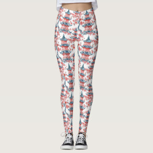 Leggings Aquarelle Pagode chinoise avec fleurs de cerisiers