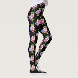 Leggings Aquarelle Pastel Roses en rose et bleu Nom personn