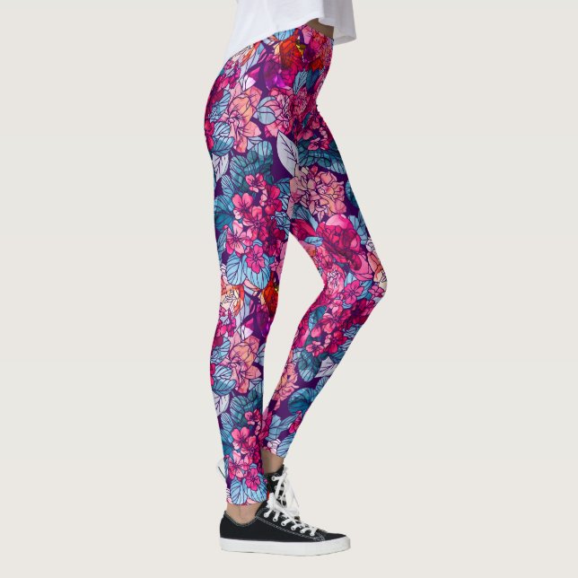 Leggings Aquarelle peinte à la main Motif floral rose pourp (Droite)