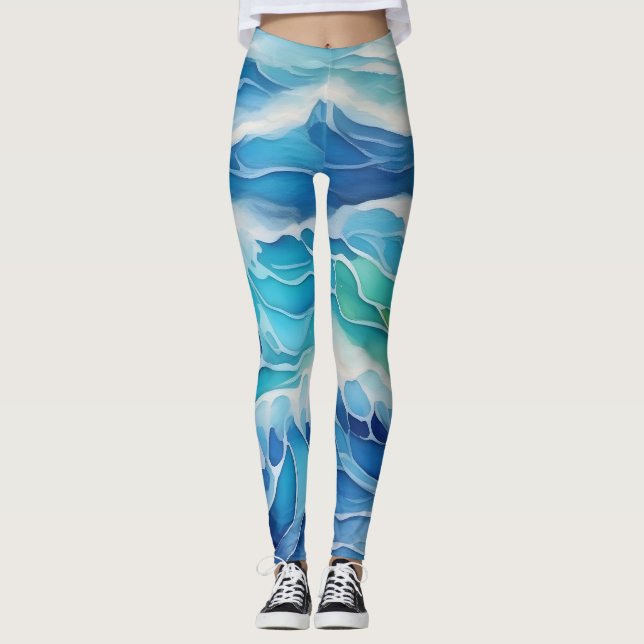 Leggings Aquarelle peinture des vagues bleues (Devant)