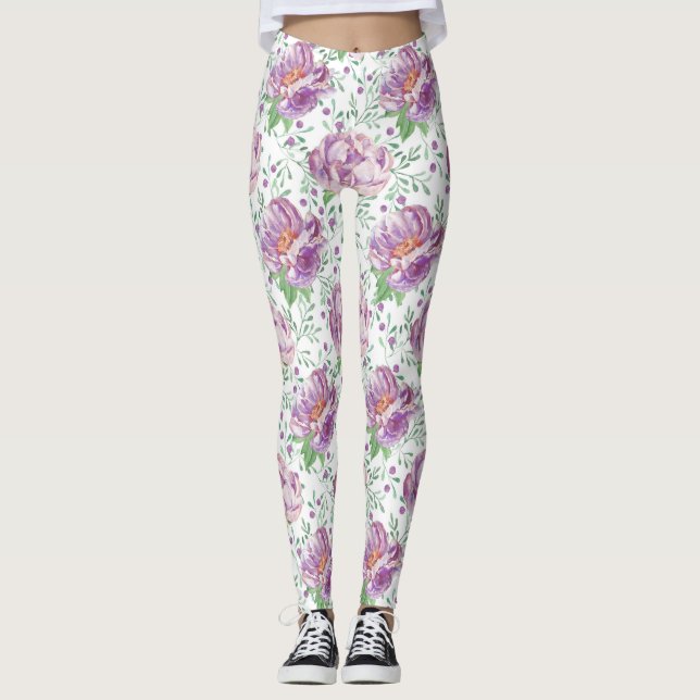 Leggings aquarelle pivoine violette (Devant)