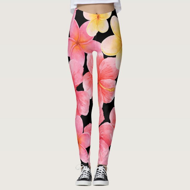 Leggings Aquarelle Plumeria Hibiscus Fleurs Motif (Devant)