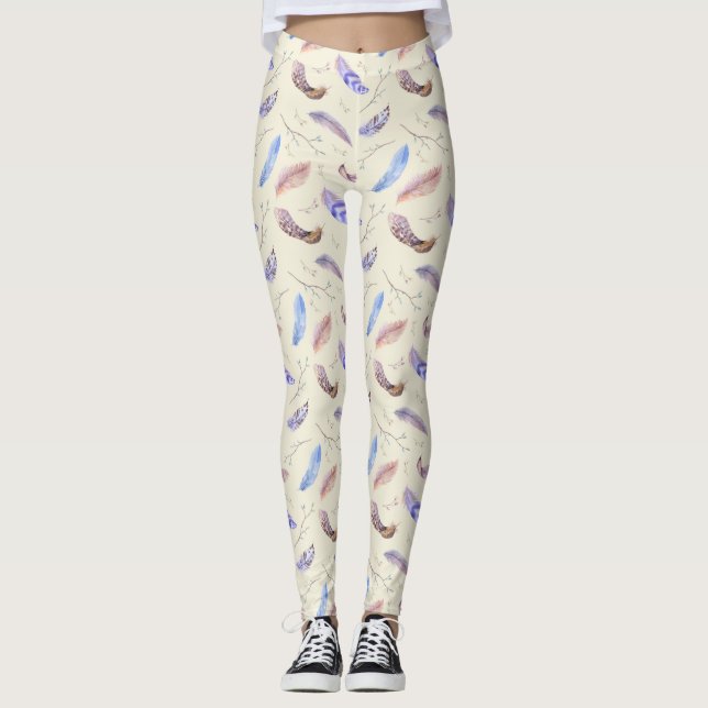 Leggings Aquarelle Plumes Feuilles et Branches Motif (Devant)