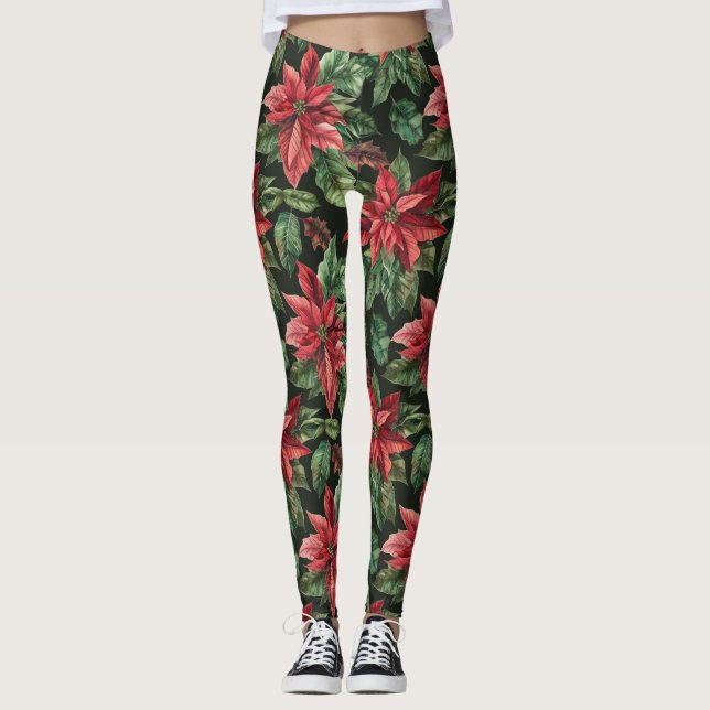 Leggings Aquarelle Poinsettia fleur Noël (Devant)
