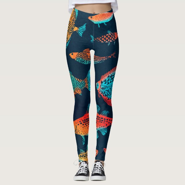 Leggings Aquarelle Poissons : Bleu Profond Sans Mer (Devant)