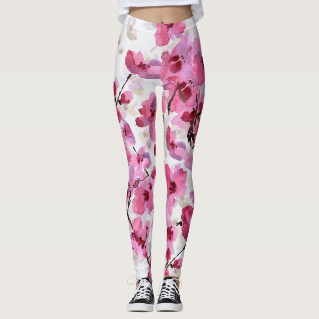 Leggings Aquarelle rose Fleur Cerisier Sans Couleur. (Devant)