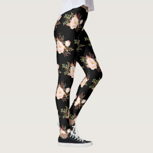 Leggings Aquarelle rose Fleurs blanches Motif noir