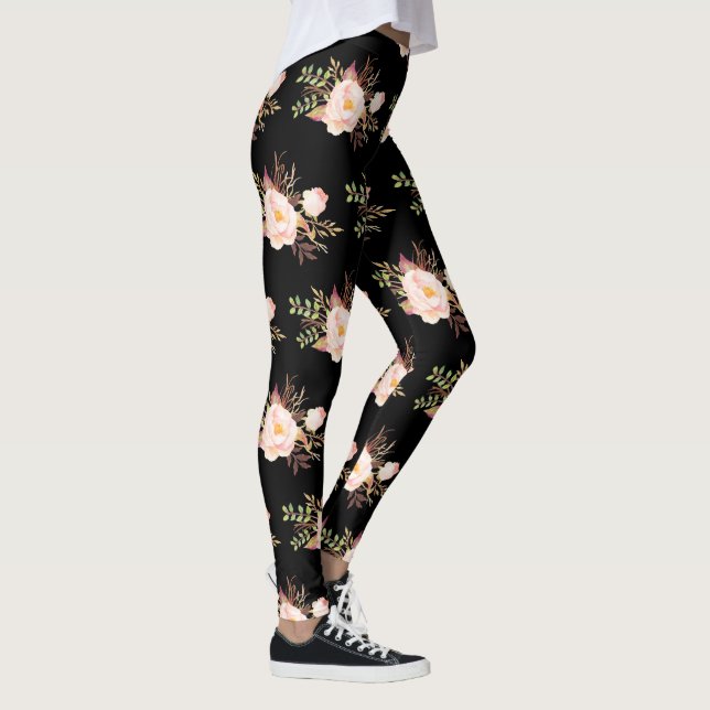 Leggings Aquarelle rose Fleurs blanches Motif noir (Droite)