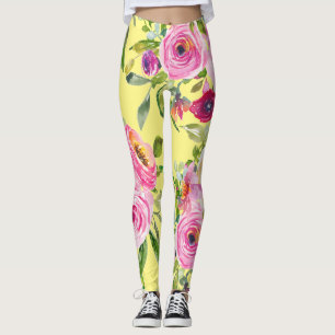 Leggings Aquarelle Roses en rose et rouge sur jaune