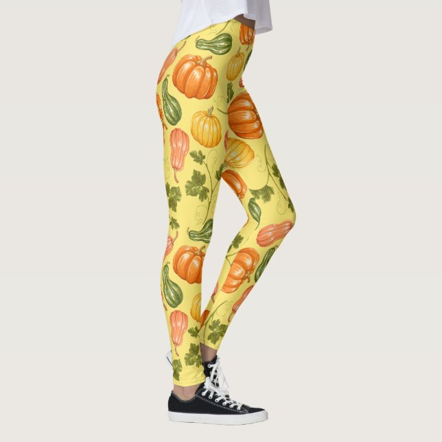 Leggings Aquarelle Squash, Citrouille et Motif Feuille (Droite)