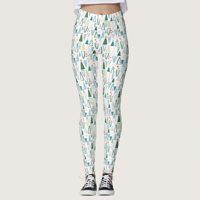 Leggings Aquarelle verte Motif de Noël Arbres (Devant)