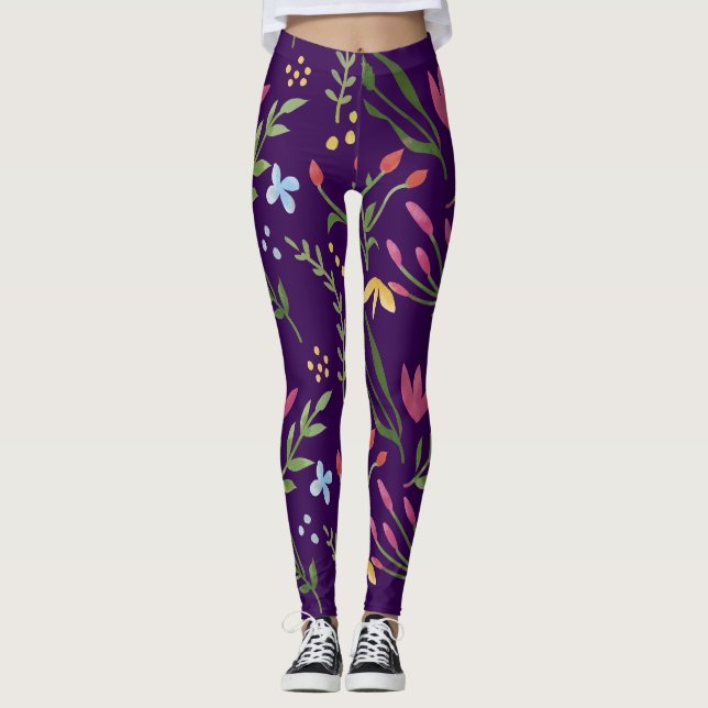 Leggings Aquarelle violette Floral noir rose bleu jaune (Devant)