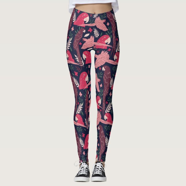 Leggings Ara Parrot rouge rose dessin Tropical Leave Motif (Devant)