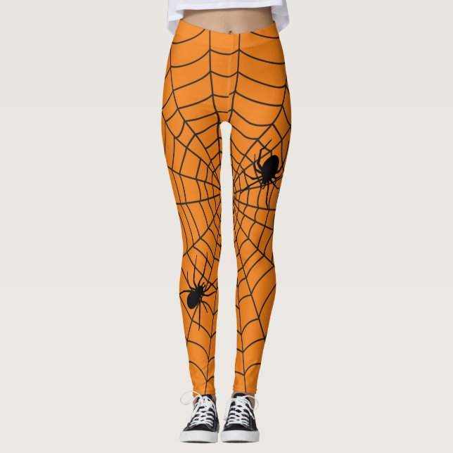 Leggings Araignées d'Halloween sur Cobweb Orange Black (Devant)