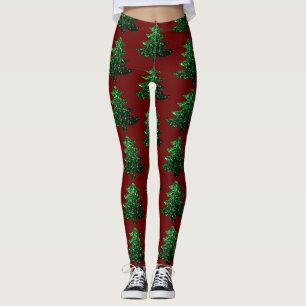 Leggings Arbre de Noël parsemé vert motif rouge foncé