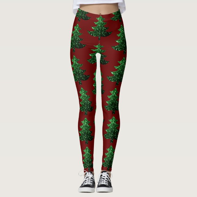 Leggings Arbre de Noël parsemé vert motif rouge foncé (Devant)