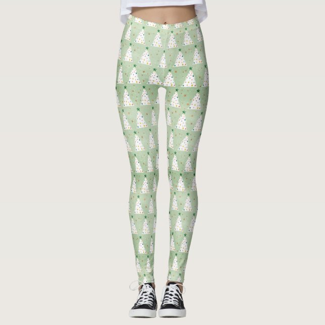 Leggings Arbres de Noël blancs décorés Étoile verte et orne (Devant)