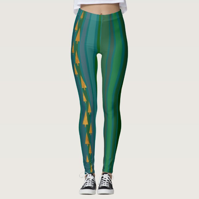 Leggings Arbres de Noël Faux Gold Foil avec des bandes vert (Devant)