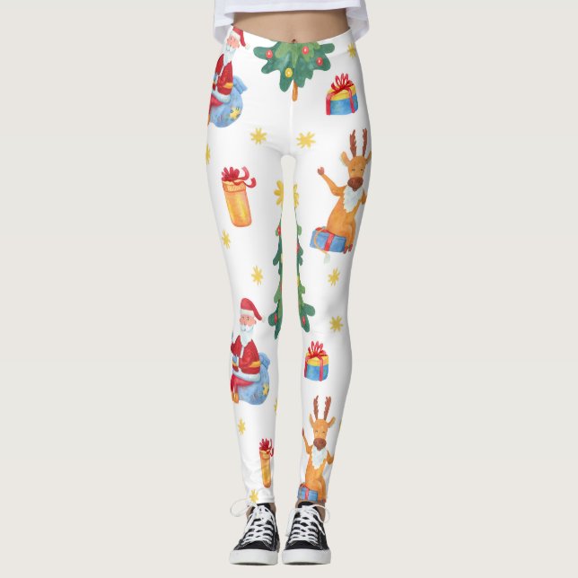 Leggings Arbres de Noël, Père Noël : motif aquarelle. (Devant)