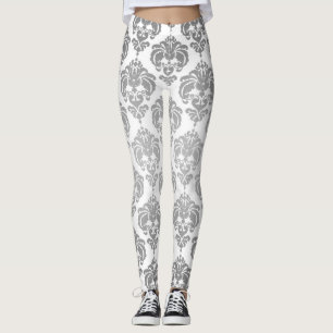 Leggings Argent & blanc Damask Chic Moderne Motif élégant