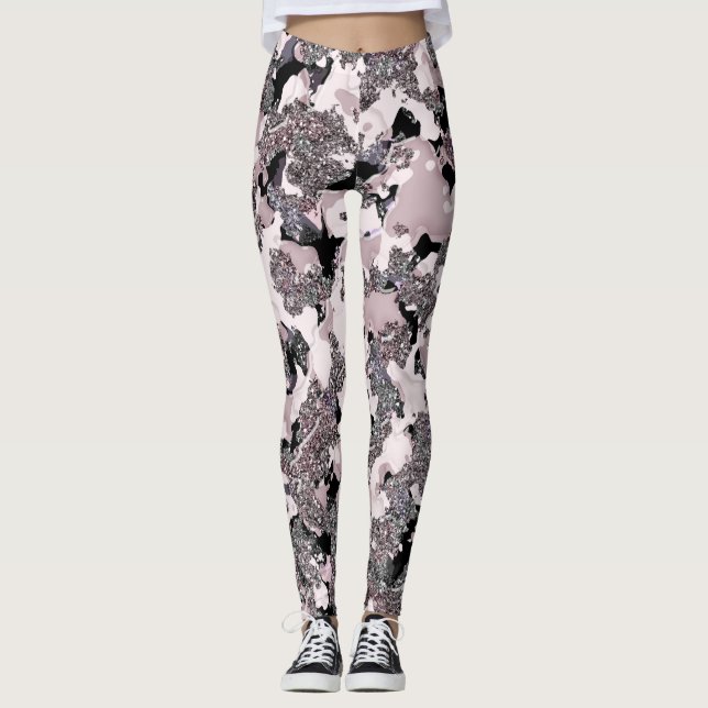 Leggings Argent rose et noir de beauté déversé Glam brillan (Devant)