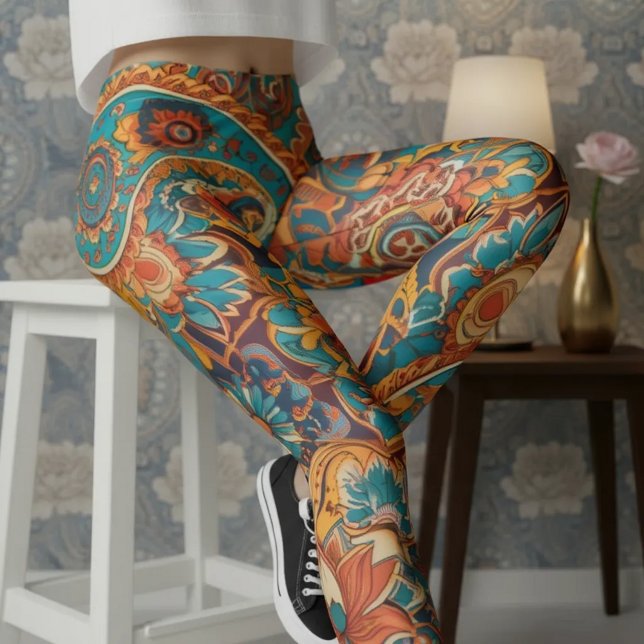 Leggings Aria Grace Vibrant Turquoise Moutarde Paisley (Pose 4 – Seated Confidence on th)